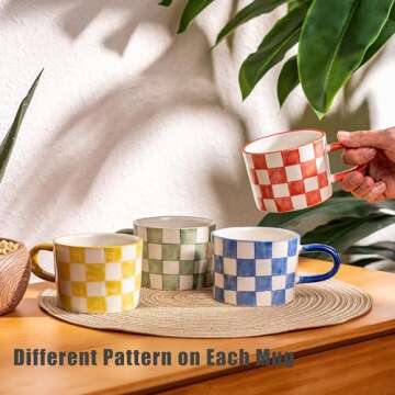 TERESA'S TEASET Coffee Mug Set of 4, 10 OZ Ceramic Tea Cups with Handle, Microwave and Dishwasher Safe, Multicolor Checkerboard Pattern Funny Tea Cups for Coffee, Tea, Milk and Cocoa, Gift for Women