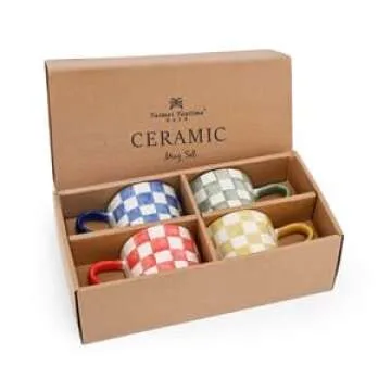 TERESA'S TEASET Coffee Mug Set of 4, 10 OZ Ceramic Tea Cups with Handle, Microwave and Dishwasher Safe, Multicolor Checkerboard Pattern Funny Tea Cups for Coffee, Tea, Milk and Cocoa, Gift for Women