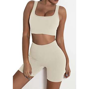 fatty tiger Women’s Beigt Yoga Outfits 2 Piece Set Seamless Square Neck Tracksuit Set High Waist Short Active Wear Athletic Clothing Set M