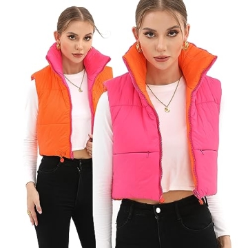 Xeoxarel Women's Crop Vest, Reversible Puffer Lightweight Casual Sleeveless Warm Outerwear Padded Gilet with Pockets Rose Orange Large