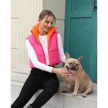 Xeoxarel Women's Crop Vest, Reversible Puffer Lightweight Casual Sleeveless Warm Outerwear Padded Gilet with Pockets Rose Orange Large