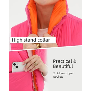 Xeoxarel Women's Crop Vest, Reversible Puffer Lightweight Casual Sleeveless Warm Outerwear Padded Gilet with Pockets Rose Orange Large