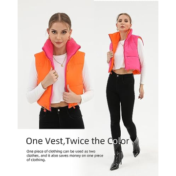 Xeoxarel Women's Crop Vest, Reversible Puffer Lightweight Casual Sleeveless Warm Outerwear Padded Gilet with Pockets Rose Orange Large