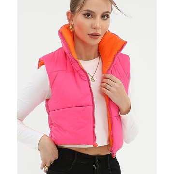 Xeoxarel Women's Crop Vest, Reversible Puffer Lightweight Casual Sleeveless Warm Outerwear Padded Gilet with Pockets Rose Orange Large