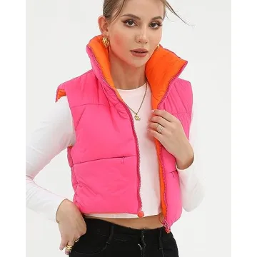 Xeoxarel Women's Crop Vest, Reversible Puffer Lightweight Casual Sleeveless Warm Outerwear Padded Gilet with Pockets Rose Orange Large