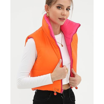 Xeoxarel Women's Crop Vest, Reversible Puffer Lightweight Casual Sleeveless Warm Outerwear Padded Gilet with Pockets Rose Orange Large
