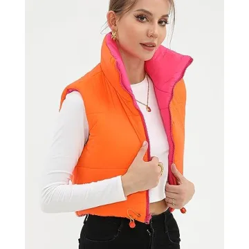 Xeoxarel Women's Crop Vest, Reversible Puffer Lightweight Casual Sleeveless Warm Outerwear Padded Gilet with Pockets Rose Orange Large