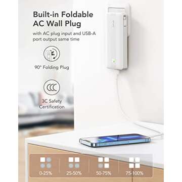 VRURC Portable Charger, 22.5W Fast Charging Power Bank with Built-in Cables & AC Wall Plug, 10000mAh Battery Pack(QC4.0 PD3.0), USB C with 4 Output 2 Input, Compatible with iPhone Samsung etc - White