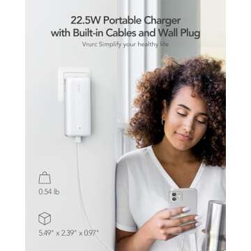 VRURC Portable Charger, 22.5W Fast Charging Power Bank with Built-in Cables & AC Wall Plug, 10000mAh Battery Pack(QC4.0 PD3.0), USB C with 4 Output 2 Input, Compatible with iPhone Samsung etc - White