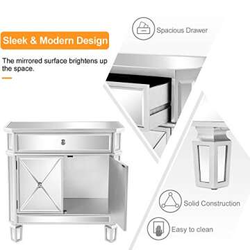 VINGLI Mirrored Cabinet, Mirrored Nightstand, Mirrored Dresser Accent Chest, Large Mirror Nightstand with 1 Drawer and Two Doors, 27.5”W x 13.4”D x 27.5”H, Mirror