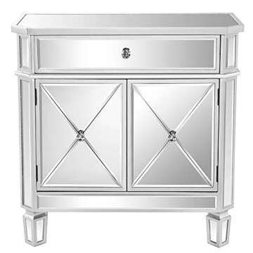 VINGLI Mirrored Cabinet, Mirrored Nightstand, Mirrored Dresser Accent Chest, Large Mirror Nightstand with 1 Drawer and Two Doors, 27.5”W x 13.4”D x 27.5”H, Mirror