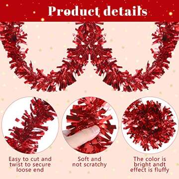 Sosation 100 ft Christmas Tinsel Garland Christmas Tree Twist Garland Bulk Glitter Metallic Streamer Indoor Outdoor Hanging Xmas Decorations(Red)