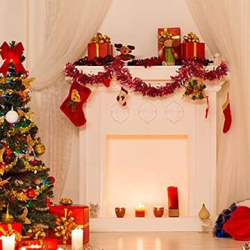 Sosation 100 ft Christmas Tinsel Garland Christmas Tree Twist Garland Bulk Glitter Metallic Streamer Indoor Outdoor Hanging Xmas Decorations(Red)