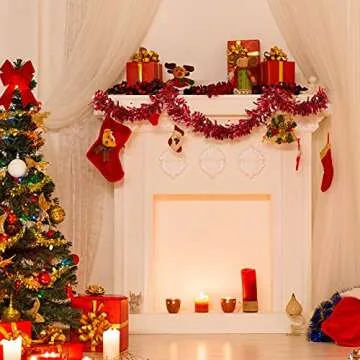 Sosation 100 ft Christmas Tinsel Garland Christmas Tree Twist Garland Bulk Glitter Metallic Streamer Indoor Outdoor Hanging Xmas Decorations(Red)