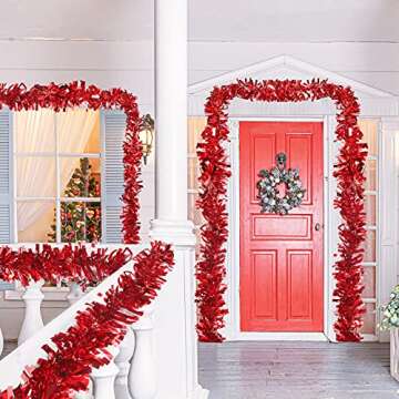 Sosation 100 ft Christmas Tinsel Garland Christmas Tree Twist Garland Bulk Glitter Metallic Streamer Indoor Outdoor Hanging Xmas Decorations(Red)