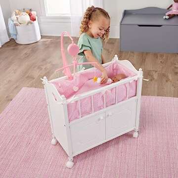 Badger Basket Wooden Toy Doll Bed with Bedding, Storage Cabinet, Mobile, and Wheels - Fits 18 to 22-...
