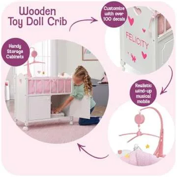 Badger Basket Wooden Toy Doll Bed with Bedding, Storage Cabinet, Mobile, and Wheels - Fits 18 to 22-Inch Dolls, White with Pink Gingham Fabric for Pretend Play
