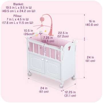 Badger Basket Wooden Toy Doll Bed with Bedding, Storage Cabinet, Mobile, and Wheels - Fits 18 to 22-Inch Dolls, White with Pink Gingham Fabric for Pretend Play