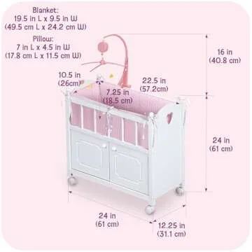 Badger Basket Wooden Toy Doll Bed with Bedding, Storage Cabinet, Mobile, and Wheels - Fits 18 to 22-Inch Dolls, White with Pink Gingham Fabric for Pretend Play