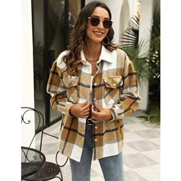 UANEO Womens Plaid Shacket Button Down Wool Blend Fall Flannel Shirt Jacket (Khaki-L)