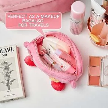 JUTOROSY Cute Pink Pencil Case, Cartoon Makeup Bag with Acrylic Badge, Pencil Pouch, Kawaii Stationery, Storage Pouch, Stationery Bag, Cosmetic Bag Gift For Teen Girls and Women