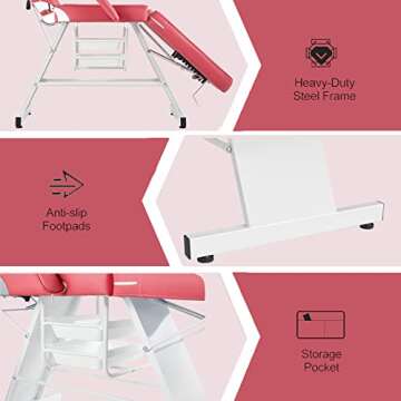 LUXMARS Adjustable Facial Chair Massage Bed Professional Tattoo Chair Facial Tabel Bed Chair with Removable Headrest, Professional Esthetician Bed for Salon Spa Beauty Treatmen Rose Red