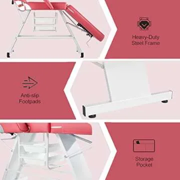 LUXMARS Adjustable Facial Chair Massage Bed Professional Tattoo Chair Facial Tabel Bed Chair with Removable Headrest, Professional Esthetician Bed for Salon Spa Beauty Treatmen Rose Red