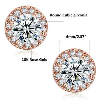 MDFUN 1 Pairs 18K Rose Gold Plated Round 6.0mm Cubic Zirconia Halo Stud Earrings Set for Women Men