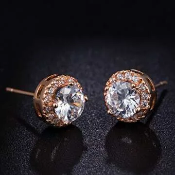 MDFUN 1 Pairs 18K Rose Gold Plated Round 6.0mm Cubic Zirconia Halo Stud Earrings Set for Women Men