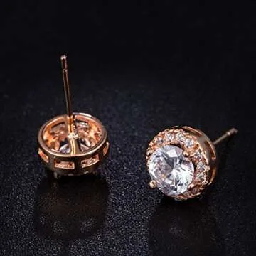 MDFUN 1 Pairs 18K Rose Gold Plated Round 6.0mm Cubic Zirconia Halo Stud Earrings Set for Women Men