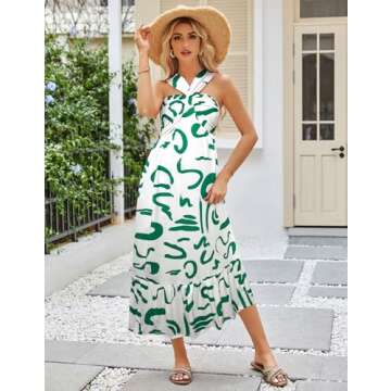 Women's 2025 Summer Floral Maxi Dress Criss Cross Halterneck Sleeveless Flowy A Line Boho Beach Vaca...