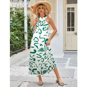 Women's 2025 Summer Floral Maxi Dress Criss Cross Halterneck Sleeveless Flowy A Line Boho Beach Vaca...