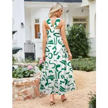 Women's 2025 Summer Floral Maxi Dress Criss Cross Halterneck Sleeveless Flowy A Line Boho Beach Vacation Casual Dress White Green S
