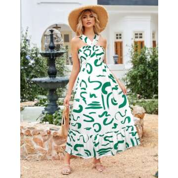 Women's 2025 Summer Floral Maxi Dress Criss Cross Halterneck Sleeveless Flowy A Line Boho Beach Vacation Casual Dress White Green S