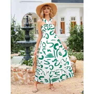 Women's 2025 Summer Floral Maxi Dress Criss Cross Halterneck Sleeveless Flowy A Line Boho Beach Vacation Casual Dress White Green S