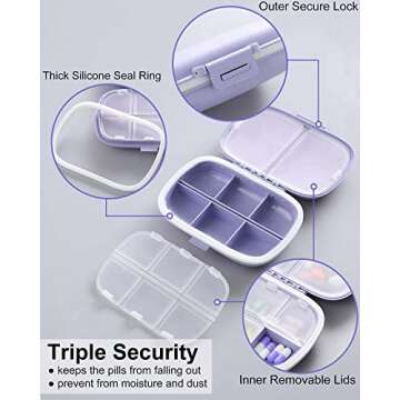 MEACOLIA 2 Pack 8 Compartments Travel Pill Organizer Box Moisture Proof Small Pill Case for Pocket Purse Daily Pill Holder Container for Medicine Vitamin (Purple & Pink)