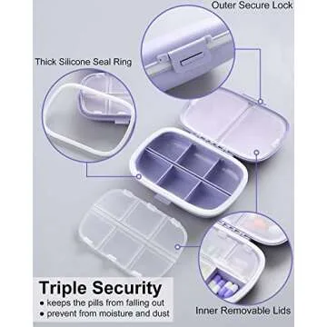 MEACOLIA 2 Pack 8 Compartments Travel Pill Organizer Box Moisture Proof Small Pill Case for Pocket Purse Daily Pill Holder Container for Medicine Vitamin (Purple & Pink)