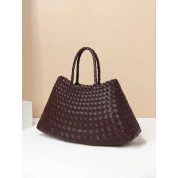 Woven Tote Bag Women Work, Vegan Leather Purse Handbags, Fashion Travel Daily Tote Bag-Chocolate