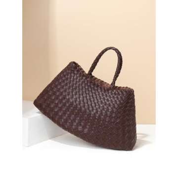 Woven Tote Bag Women Work, Vegan Leather Purse Handbags, Fashion Travel Daily Tote Bag-Chocolate