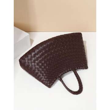 Woven Tote Bag Women Work, Vegan Leather Purse Handbags, Fashion Travel Daily Tote Bag-Chocolate