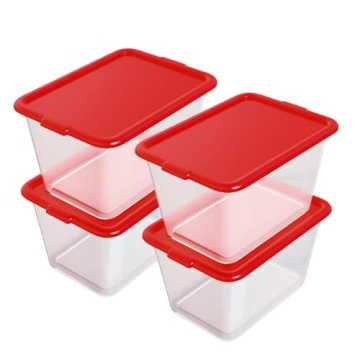 SIMPLYKLEEN 14.5 Gal Clear Plastic Storage Totes Containers with Red Lid, 58QT Stackable and Nestabl...