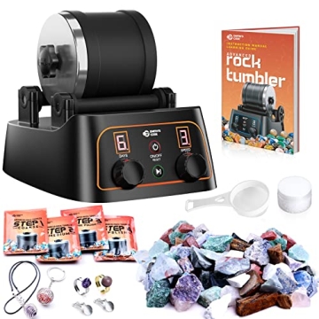 Brave Finder Professional Rock Tumbler Kit - Rock Polisher Tumbler Kit with Digital 9-Day Polishing Timer & 3 Speed Settings, 4 Polishing Grits, Rough Gemstones (Rock Tumbler Kit)