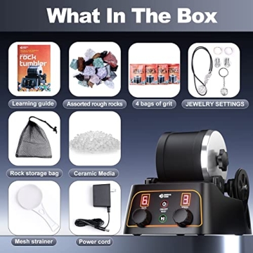 Brave Finder Professional Rock Tumbler Kit - Rock Polisher Tumbler Kit with Digital 9-Day Polishing Timer & 3 Speed Settings, 4 Polishing Grits, Rough Gemstones (Rock Tumbler Kit)