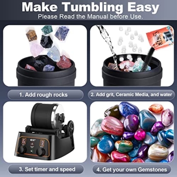 Brave Finder Professional Rock Tumbler Kit - Rock Polisher Tumbler Kit with Digital 9-Day Polishing Timer & 3 Speed Settings, 4 Polishing Grits, Rough Gemstones (Rock Tumbler Kit)