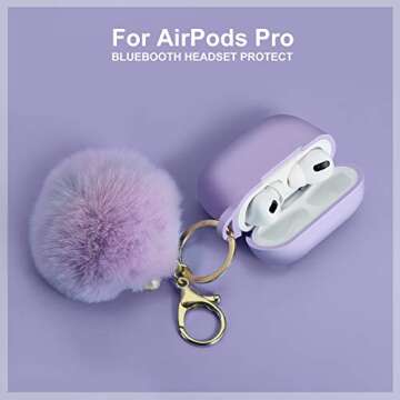 Protective Case Cover for Airpods Pro Charging Case, Upgraded Air Pods Silicone Case Skin with Soft Cute Fluffy Ball Pom Pom Keychain Kit (A, Purple)