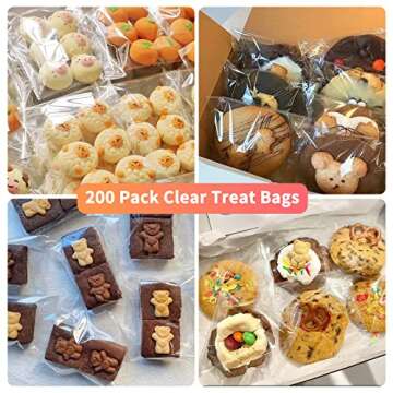 SUREHOME Cookie Bags, 5X6 In Clear Cellophane Bags with Seal 200 Pcs Self Adhesive Individual Cookies Bags for Packaging Resealable Self Sealing Cello Bag Party Favors Treat Gift Giving Candy Wrappers