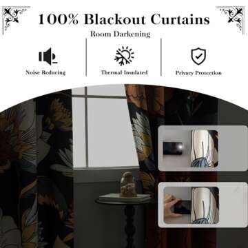 Tyrot 100% Blackout Black Boho Floral Curtains 108 Inches Extra Long for Bedroom Mid Century Botanical Black Out Curtains Room Darkening Grommet Top Thermal Insulated Window Drapes 2 Panels,52Wx108L