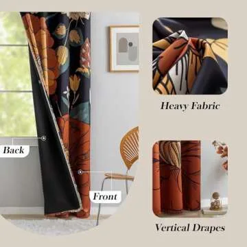 Tyrot 100% Blackout Black Boho Floral Curtains 108 Inches Extra Long for Bedroom Mid Century Botanical Black Out Curtains Room Darkening Grommet Top Thermal Insulated Window Drapes 2 Panels,52Wx108L