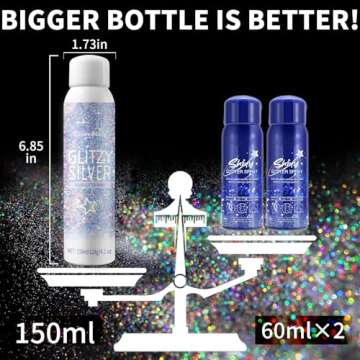 Body Glitte Spray, 150ML Silver Glitter Spray for Hair and Body, Long-Lasting and Quick-Drying Holographic Glitter Hairspray for Kids Women, Body Shimmer Festival Rave and Makeup 4.2 Fl Oz