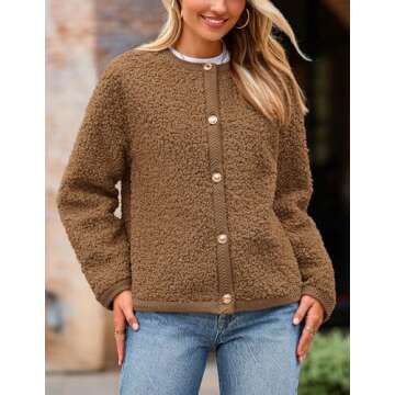 PRETTYGARDEN Women's Faux Fur Shearling Coat Fuzzy Fleece Button Up Trendy Fall Winter Cropped Jackets Outerwear (Brown,Medium)